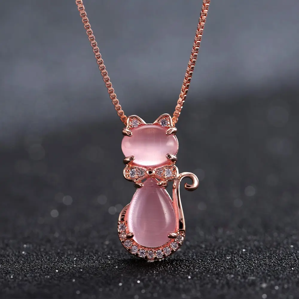 Colar de pingente de gato, colar fofo de opala rosa e gatinho de quartzo, joia romântica de casamento