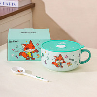 Ensemble de bols à nouilles en céramique Zootopia Stitch avec couvercle et cuillère, bol à soupe, vaisselle de table pour la maison, bol à nouilles instantanées pour étudiants