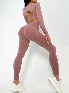 Dames Seamless Activewear Set Top High Waist Compressie Leggings Yoga Broek Fitness Gym Set Open Rug Holle Lange Mouw - Product Image 2