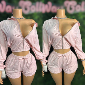 Peeqi HR25020 verano 2025 Sexy moda <span class=keywords><strong>mujer</strong></span> chándal conjunto de pantalones cortos de dos piezas <span class=keywords><strong>chaqueta</strong></span> de manga larga pantalones cortos <span class=keywords><strong>traje</strong></span> de 2 piezas para <span class=keywords><strong>mujer</strong></span> - Product Image 1