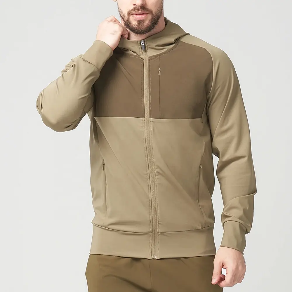 Custom brand essential lightweight outdoor training waterproof moisture wicking color block full zip up hoodies for men