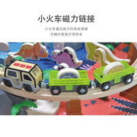 Train de dinosaures en bois, 80 pièces, avec tunnel, montagnes, arbres, bords arrondis, grandes pièces sécurisées, tapis vert, échelle 1:12, fonctionne sur piles