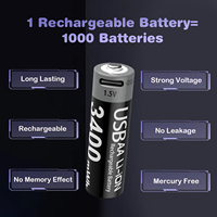 Batterie Li-Ion USB 1,5 V AA3400mWh à longue durée de vie (1000 cycles), rechargeable par USB-C, certifiée CE, pour jouets, télécommandes, serrures intelligentes, calculatrices