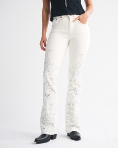 Jean évasé blanc personnalisé Leduo pour femme, motif strass, taille mi-haute, ourlet brut, coupe bootcut - Product Image 2