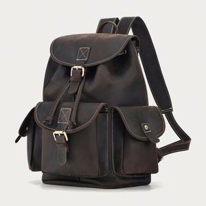 Sac à dos pour homme de grande capacité, style rétro, pour les loisirs et les voyages, sac à dos à cordon, sac à dos en cuir vintage pour homme - Product Image 2