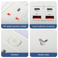 Stop Kontak Industri Standar Inggris dengan Inti Tembaga Murni, Kabel Ekstensi, 4 Stop Kontak AC, 2 USB-A, 2 USB-C, 250V, Tahan Api, untuk Pabrik
