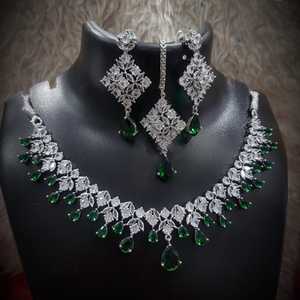 Contemporary Design White and Pink American Diamond Studded Triangular Necklace Earring <b>Fashion</b> <b>Jewellery</b> Set For Women - Product Image 5