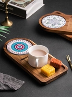Plateau de service en bois d'acacia japonais Vaisselle Plateau à thé et à dessert en bois avec sous-verre en céramique