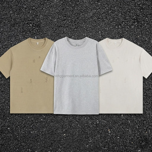 เสื้อยืดคอกลมสีพื้น 100% ผ้าฝ้ายสไตล์วินเทจ ซันเฟด สำหรับผู้ชาย ดีไซน์ขาดๆ เซอร์ๆ แบบย้อมสีเอซิด - Product Image 1