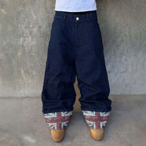 Jean en denim bleu foncé ample et décontracté pour homme, coupe large, avec revers retroussés et imprimé drapeau britannique vieilli, style hip-hop urbain - Product Image 3