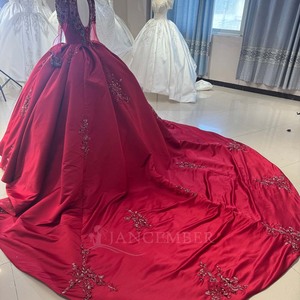 Dw0204 Modest Red Evening Dresses Beading Sequin Satin Ball <b>Gown</b> Prom Dress Women Wedding Reception Party Dress Jancemebr - Product Image 6