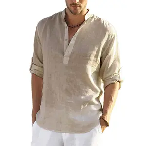 Nueva blusa informal para hombre, camiseta suelta, camiseta de manga larga, camisas de lino ajustadas de algodón para hombre guapo