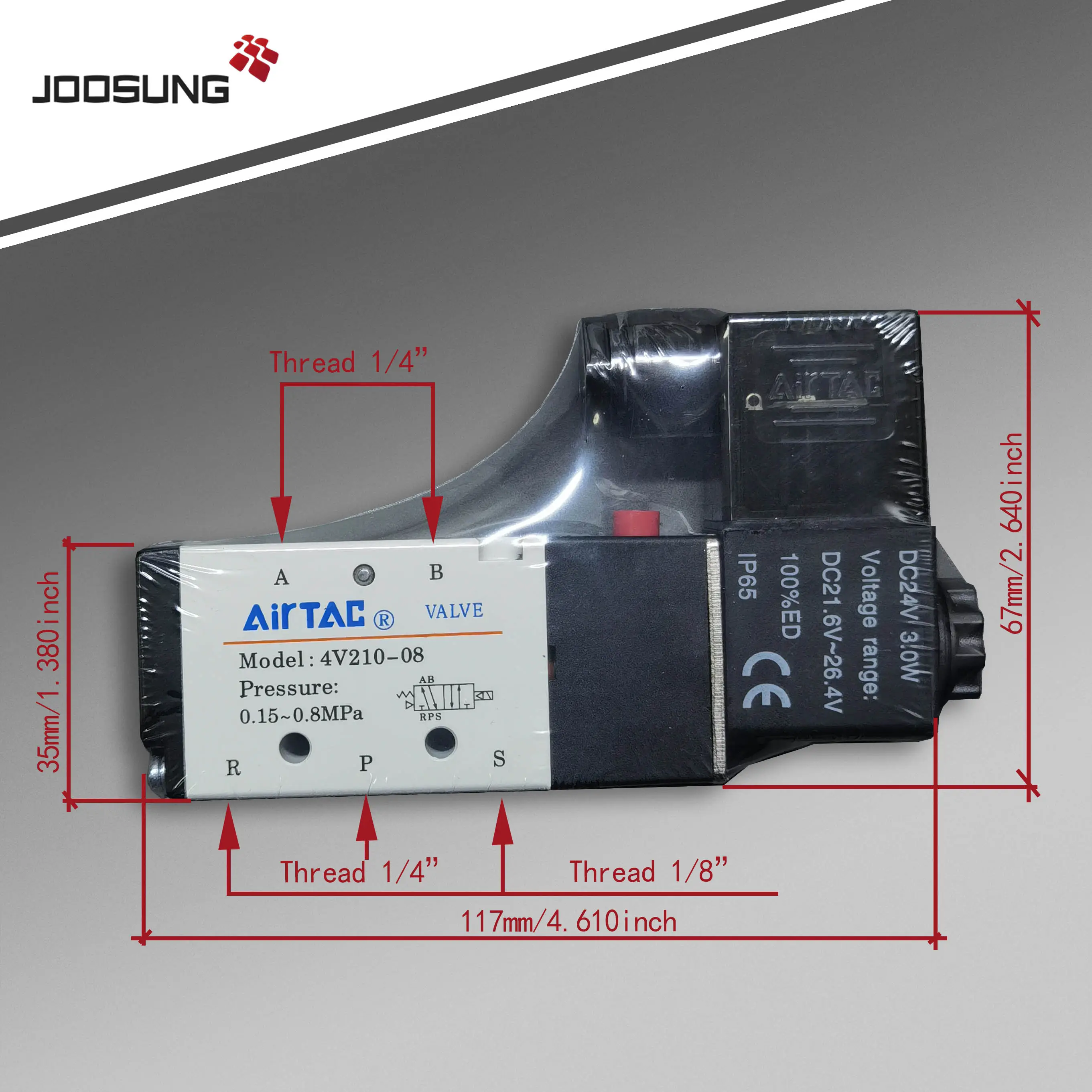 Válvula solenóide pneumática AIRTAC 5-2 vias 4V210-08 DC24V 1/4" rosca