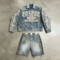 Veste et short en jean délavé vintage pour homme avec broderie personnalisée, patchs en strass et toile de coton, style streetwear