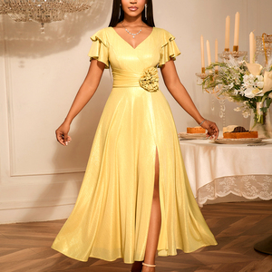 AM050408 brillante cuello en V manga corta flor hendidura una línea vestidos largos oro Maxi vestido de noche para las mujeres - Product Image 1