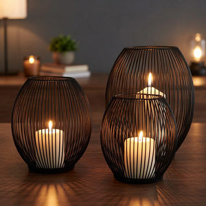 ชุดเชิงเทียนลวดเหล็กสีดำ 3 ชิ้น โคมไฟโลหะกลวงทรงกลมสำหรับตกแต่งบ้าน - Product Image 3