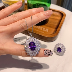 Fashion Eco-friendly Copper Dainty Floral Pendant <b>Earrings</b> Ring <b>Set</b> 10*14MM Purple Zircon Flower Jewelry <b>Set</b> for Romantic Events - Product Image 2