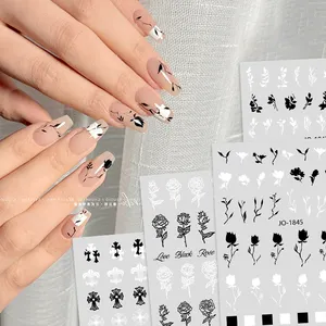 Tszs adesivos para unhas pintadas à mão 3d, pintados à mão, frança, preto e branco, rosa, de alta qualidade, crocodilo, adesivos em cruz, folha de videira