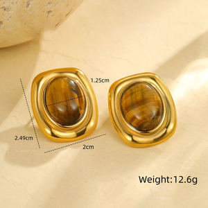 Women 18k Gold Plated Hypoallergenic Stainless Steel Vintage Tiger's Eye Green <strong>Jade</strong> Stone Stud <strong>Earrings</strong> Fancy Indian Jewelry - Product Image 5
