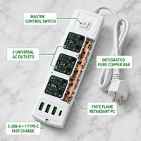 Multiprise universelle 3 voies personnalisable avec logo, colorée, prise EU, rallonge avec 3 ports USB à charge rapide, 2m, 110-250V