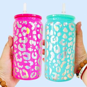 50Packs Holographic Colored Leopard 16Oz Glass Can With Plastic Lids Uv Dtf <b>Wraps</b> <b>Vinyl</b> for Iced Coffee Soda - Product Image 4