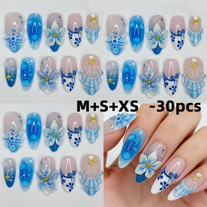 10 <span class=keywords><strong>faux</strong></span> <span class=keywords><strong>ongles</strong></span> à presser, bleu océan, motif fleur 3D, forme amande longue, coquillage et étoile de mer, <span class=keywords><strong>d</strong></span>égradé brillant, pour manucure estivale - Product Image 2