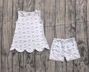 GSSO3426 Conjunto de ropa de verano para niña pequeña con estampado de flores azules, venta al por mayor, conjunto de ropa infantil de manga corta para niña - Product Image 1