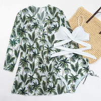 Traje de baño floral de cintura alta para mujer, conjunto de traje de baño de tres piezas con espalda descubierta y escote en V
