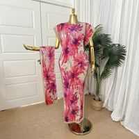 Abaya Élégante à Imprimé Floral Bohème, Légère en Satin de Polyester, Robe de Plage Oversize pour Femme, Rose