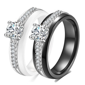 Bague en céramique noire et blanche en acier inoxydable avec zircone 6 mm, tendance et personnalisée, pour homme et femme - Product Image 1