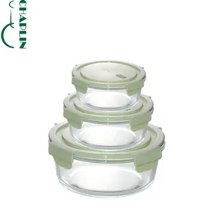 Novo design eco friendly tigelas de vidro com tampas de bambu conjunto de 5 salada tigela de vidro
