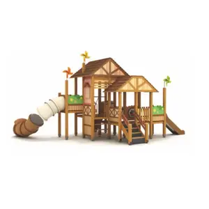 Parque de atracciones personalizado público todos los juegos de madera natural tablero de PE colorido patio exterior para niños casa de juegos de madera