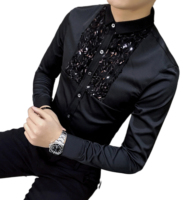 Men's Sequin Slim Fit Lace Shirt, Long Sleeve Dress Shirts