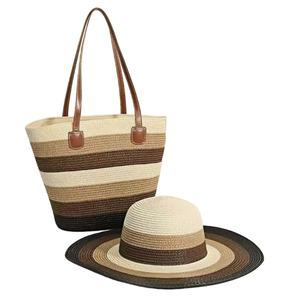 Ensemble chapeau de soleil de plage et sac en paille pour femme, style bohème, motif géométrique brodé, deux poignées, fermeture ouverte - Product Image 5