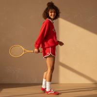 Ensemble de survêtement de tennis pour femmes, sweat-shirt à col polo contrasté, short de sport imprimé, rouge et blanc, 2 pièces, vente en gros