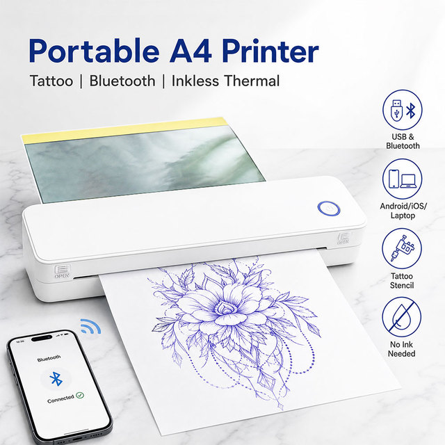 Inkless Thermal Mini Printer Compatible with Android,iOS&Laptop,A4,Portable Small Mobile Travel Printer for Home