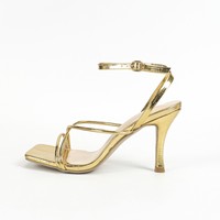 Sandales de luxe en cuir doré pour femmes, à talons hauts fins, idéales pour les soirées et les robes de fête (vente en gros)