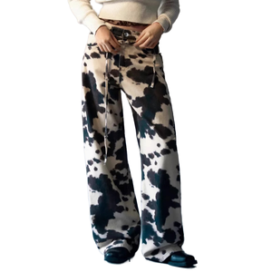 Jean large taille mi-haute style grunge rétro streetwear pour femme, esthétique Y2K, baggy, hip-hop, en denim délavé clair, imprimé vache vintage - Product Image 1