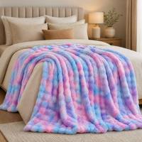 Couverture de luxe en fausse fourrure de lapin tie-dye arc-en-ciel, double couche, en peluche 3D à bulles sculptées, jacquard épais, chaude pour l'hiver, pour lit