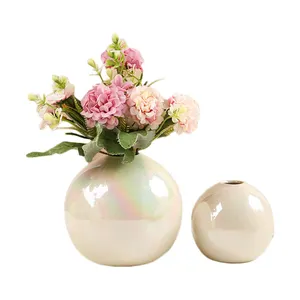 创意球形陶瓷花瓶白珍珠釉球形花瓶家居婚礼装饰配件
