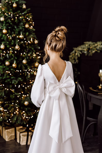 小女孩灯笼袖褶连衣裙女孩珍珠蝴蝶结连衣裙 - Product Image 3