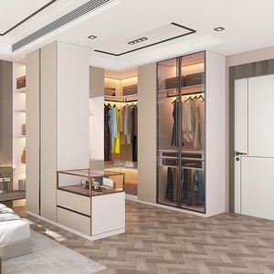 Dressing moderne de luxe avec porte en bois massif et panneaux en verre, système de garde-robe pour chambres à coucher à la maison et en appartement - Product Image 1