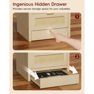 Mesa de Noche de Ratán Faesun con 3 Cajones y Compartimento Oculto, Mesa Auxiliar Boho Moderna con Almacenamiento, Tapa de Madera y Tiradores Metálicos - Product Image 5