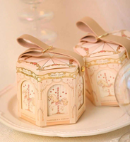 Boîte à dragées hexagonale de luxe rose avec poignée pour mariage, fête prénuptiale et fiançailles