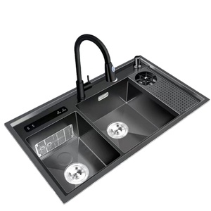 Évier de cuisine carré à double bac à ultrasons fait à la main, sous plan, avec égouttoir intelligent en acier inoxydable 304 - Product Image 1