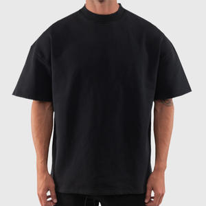 Chemises décontractées pour hommes sur mesure, grande taille, t-shirt noir surdimensionné pour hommes, coton lourd, col montant, t-shirt uni vierge - Product Image 1