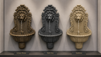 Fontaine murale vintage en forme de tête de lion artificielle avec bec verseur décoratif, bassin décoratif et panneau en relief pour la décoration extérieure de jardin et de patio