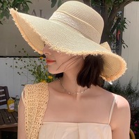 Sombrero de Protección Solar para Playa y Exteriores, Bordado a Mano, a Rayas, Ajustable, de Rafia, con Encaje, Elegante, Estilo Francés