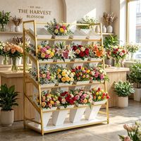 Présentoir à fleurs en métal doré à 5 niveaux, support pour plantes de fleuriste avec 20 seaux blancs et plateau de drainage, idéal pour les mariages et la vente en gros