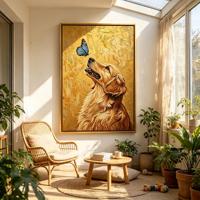 Tableau mural encadré Golden Retriever, peinture texture or papillon bleu, cadre doré mat, décoration intérieure nordique scandinave